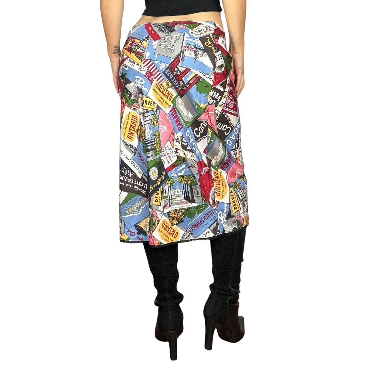 2000s Silk Postcard Print Midi Skirt (S)