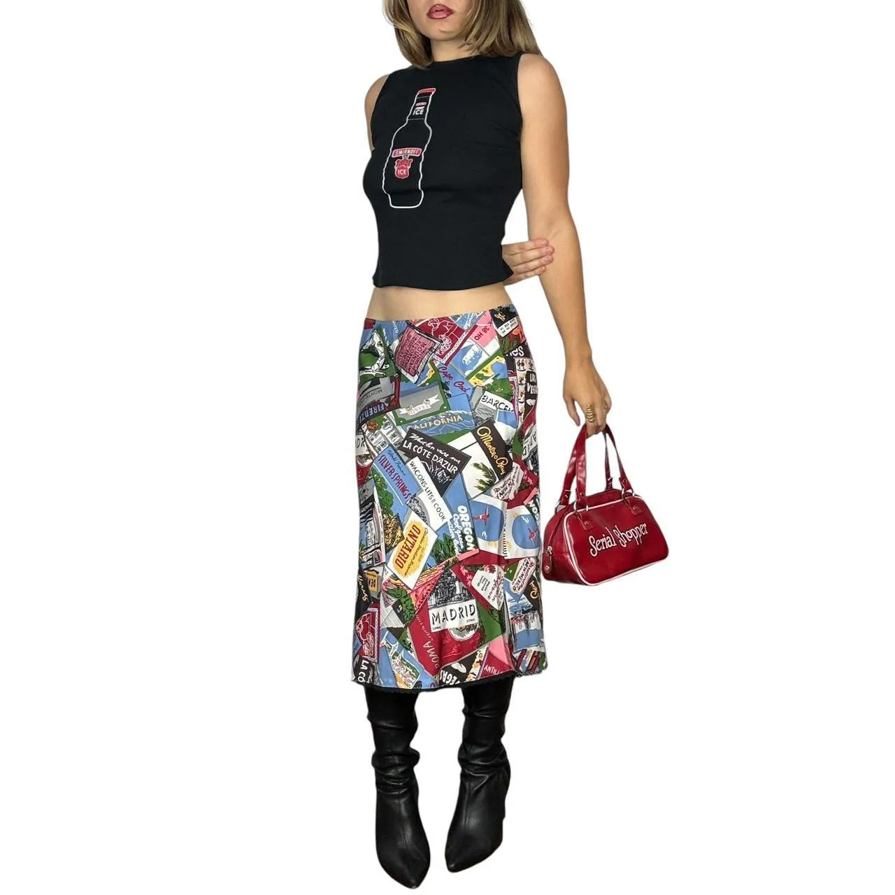 2000s Silk Postcard Print Midi Skirt (S)