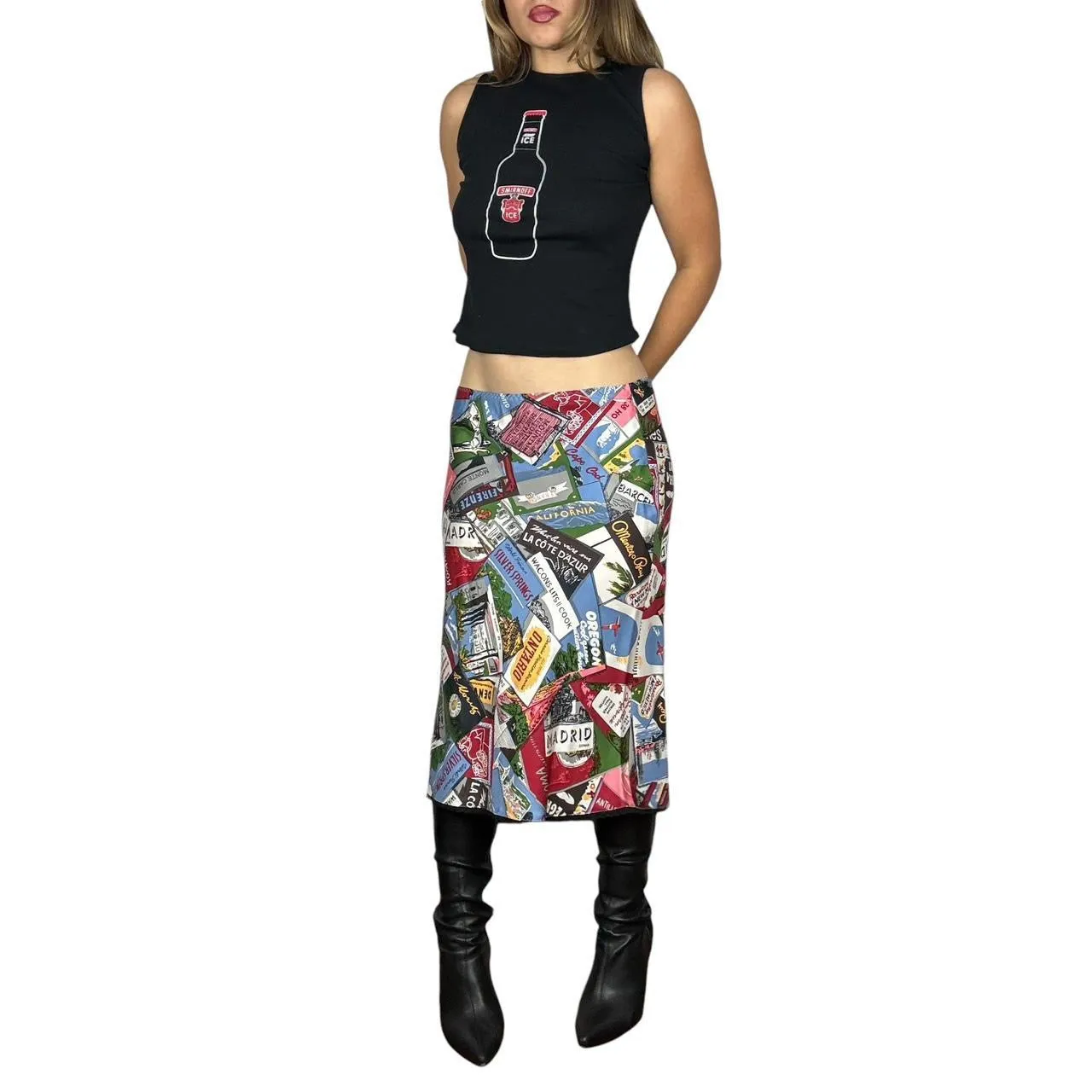 2000s Silk Postcard Print Midi Skirt (S)