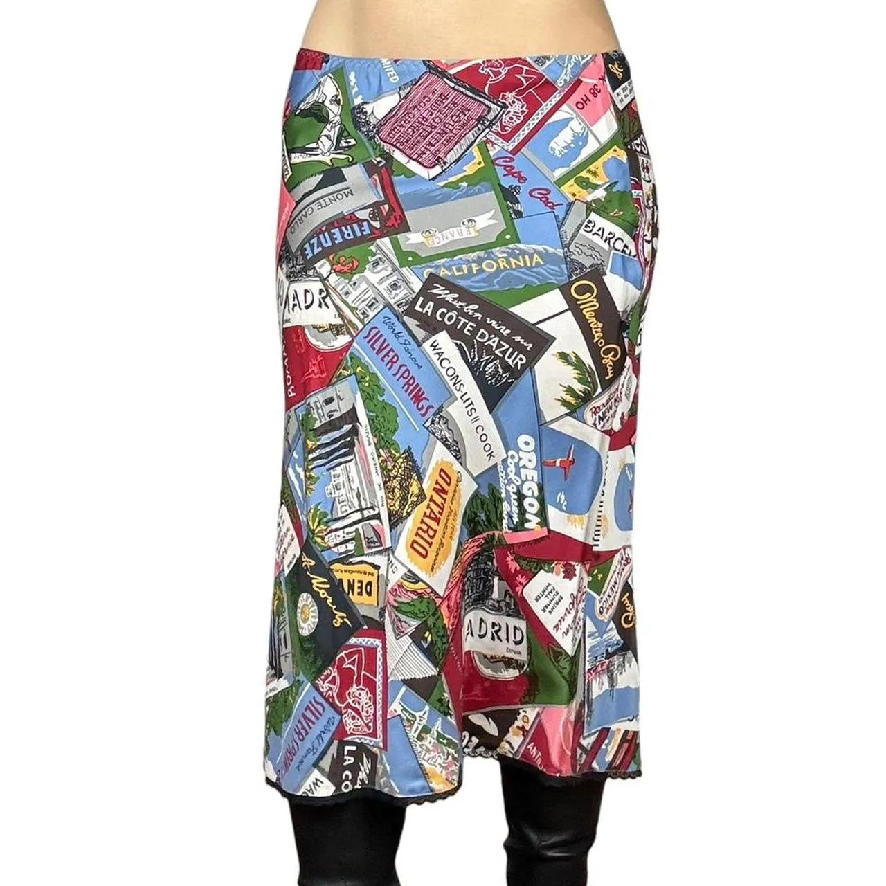 2000s Silk Postcard Print Midi Skirt (S)
