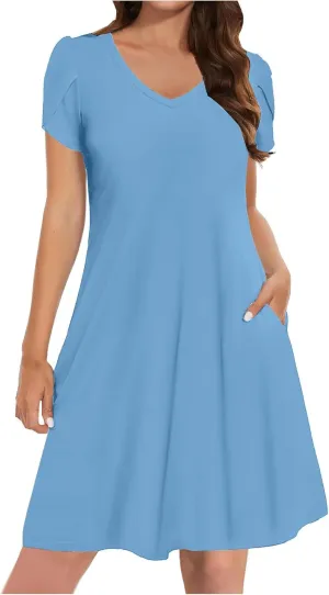 Beach Dresses for Women 2025 Vacation Casual Short Sleeve Dresses Solid Color Loose Crew Neck Sundress with Pocket