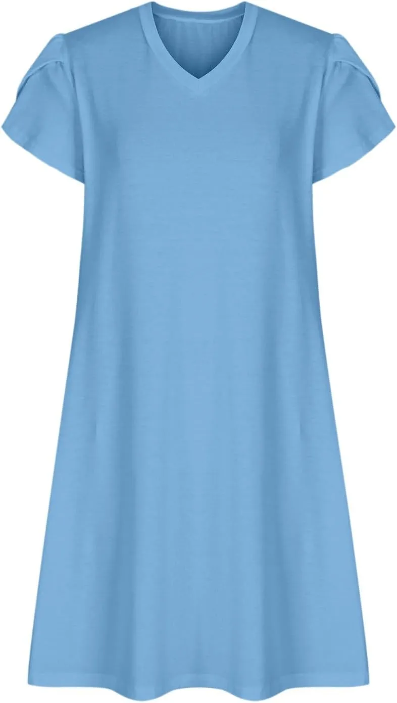 Beach Dresses for Women 2025 Vacation Casual Short Sleeve Dresses Solid Color Loose Crew Neck Sundress with Pocket