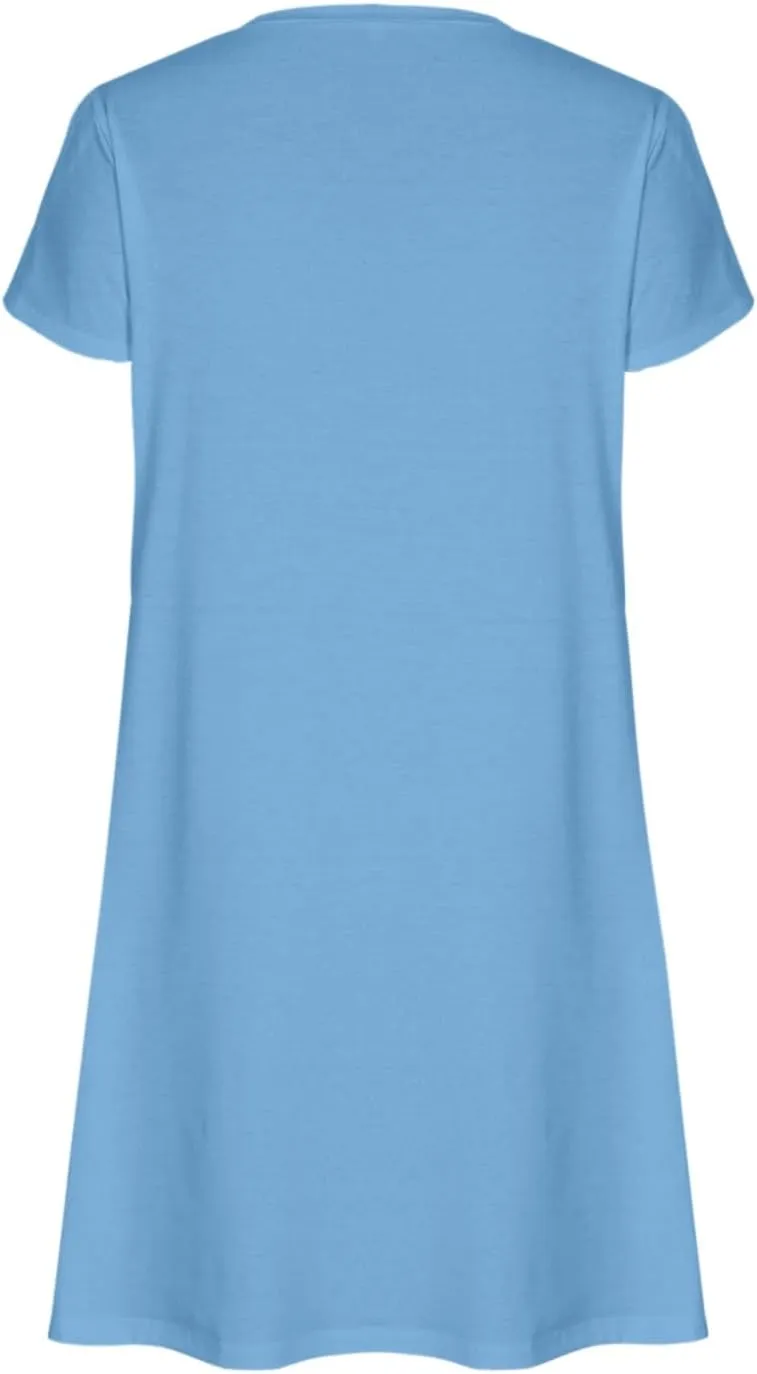 Beach Dresses for Women 2025 Vacation Casual Short Sleeve Dresses Solid Color Loose Crew Neck Sundress with Pocket