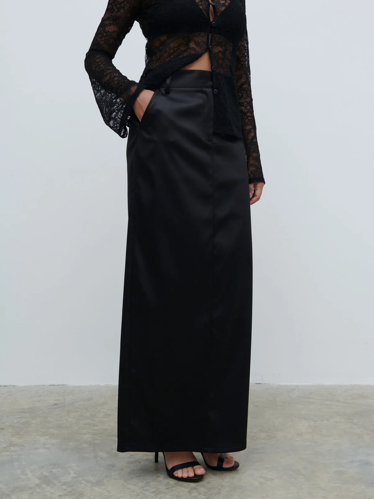 Beck Satin Tailored Maxi Skirt - Black