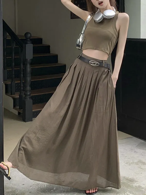 Belted Pleated Pockets Solid Color High Waisted Loose Skirts Bottoms
