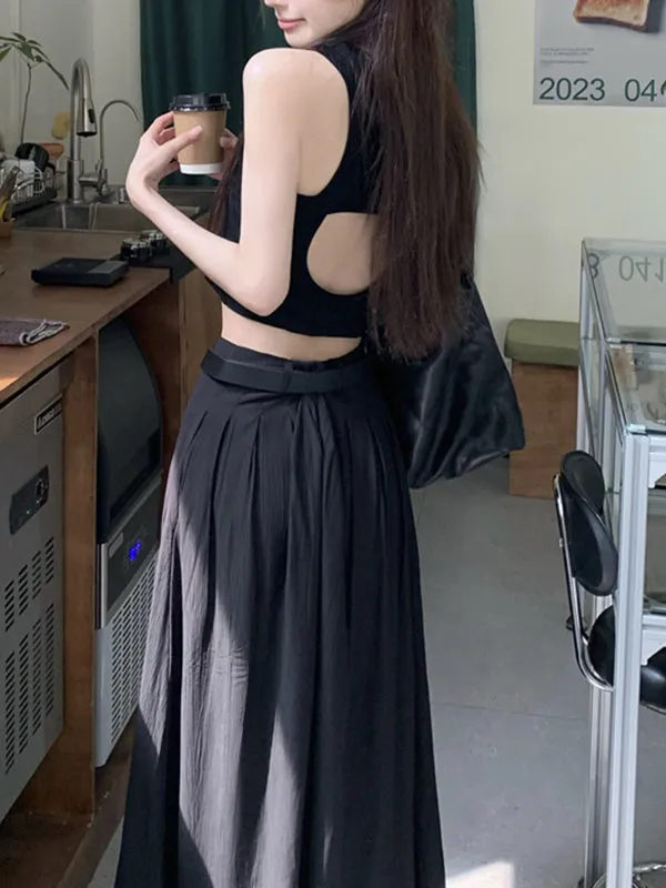 Belted Pleated Pockets Solid Color High Waisted Loose Skirts Bottoms