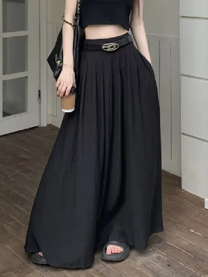 Belted Pleated Pockets Solid Color High Waisted Loose Skirts Bottoms