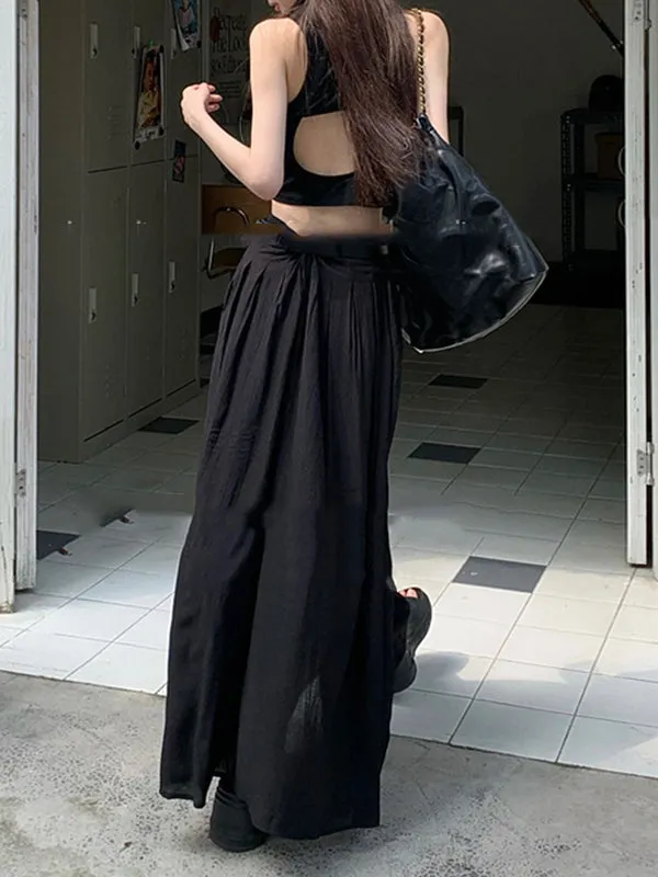 Belted Pleated Pockets Solid Color High Waisted Loose Skirts Bottoms