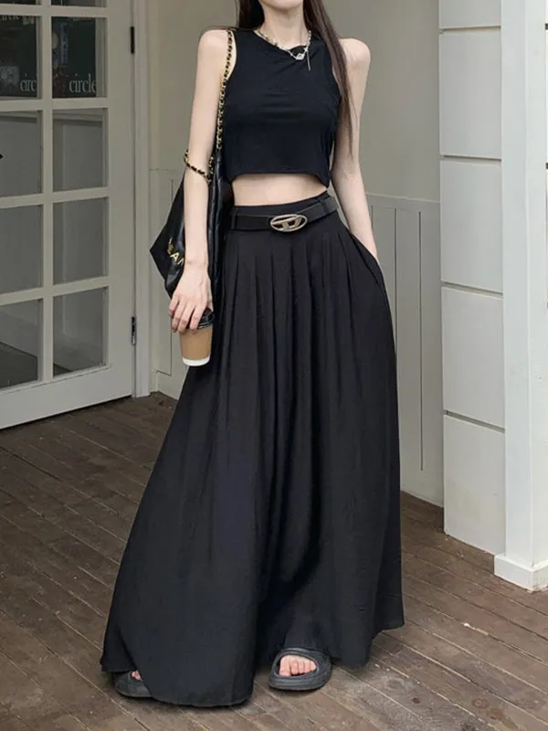 Belted Pleated Pockets Solid Color High Waisted Loose Skirts Bottoms
