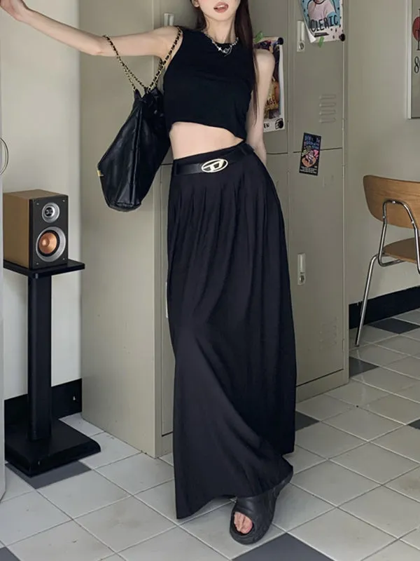 Belted Pleated Pockets Solid Color High Waisted Loose Skirts Bottoms