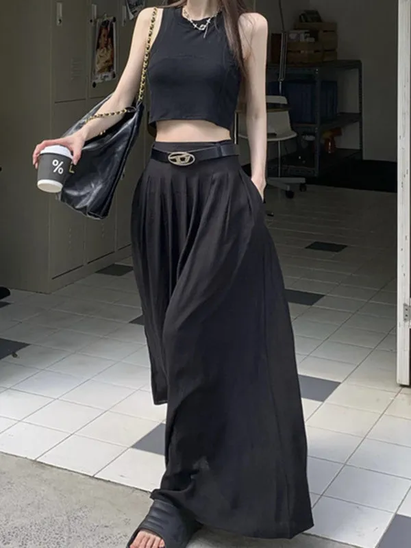 Belted Pleated Pockets Solid Color High Waisted Loose Skirts Bottoms