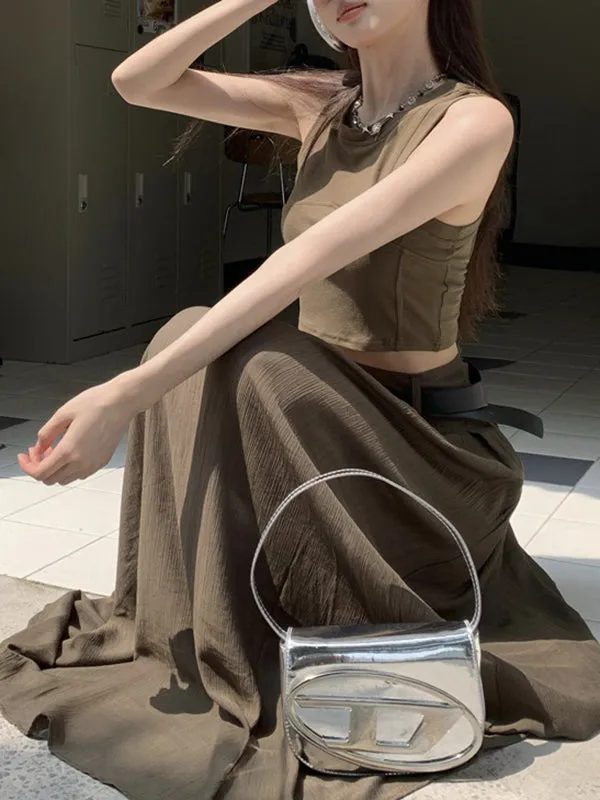 Belted Pleated Pockets Solid Color High Waisted Loose Skirts Bottoms