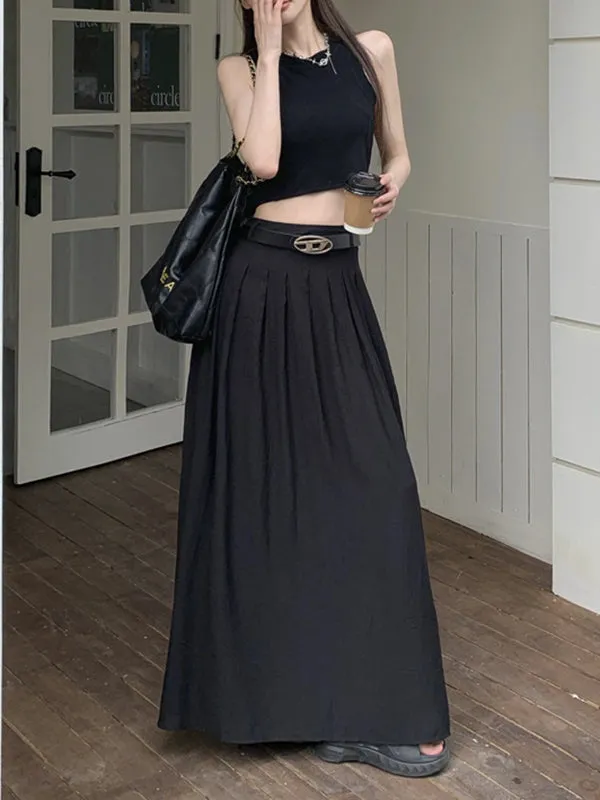 Belted Pleated Pockets Solid Color High Waisted Loose Skirts Bottoms