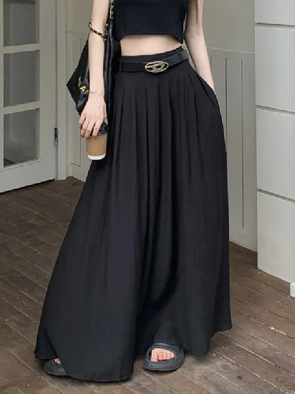 Belted Pleated Pockets Solid Color High Waisted Loose Skirts Bottoms