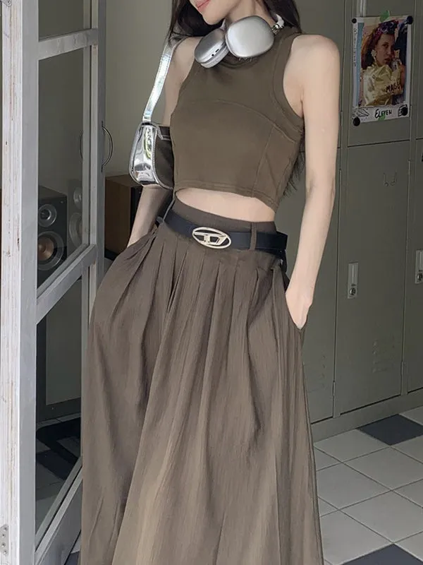 Belted Pleated Pockets Solid Color High Waisted Loose Skirts Bottoms