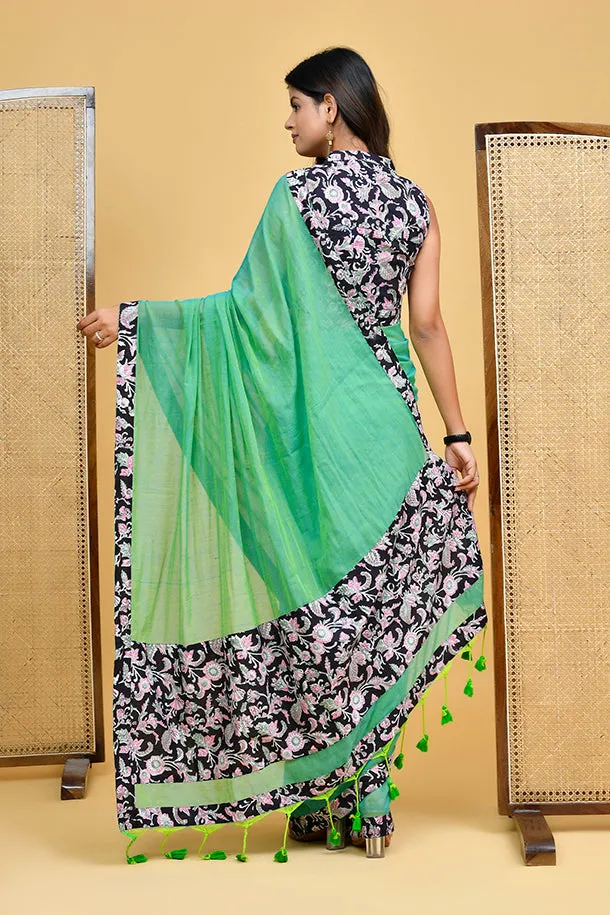Black Sleeveless Blouse with Pastel Floral Block Print