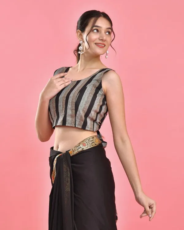 Black Sleeveless Striped Crop Top Blouse