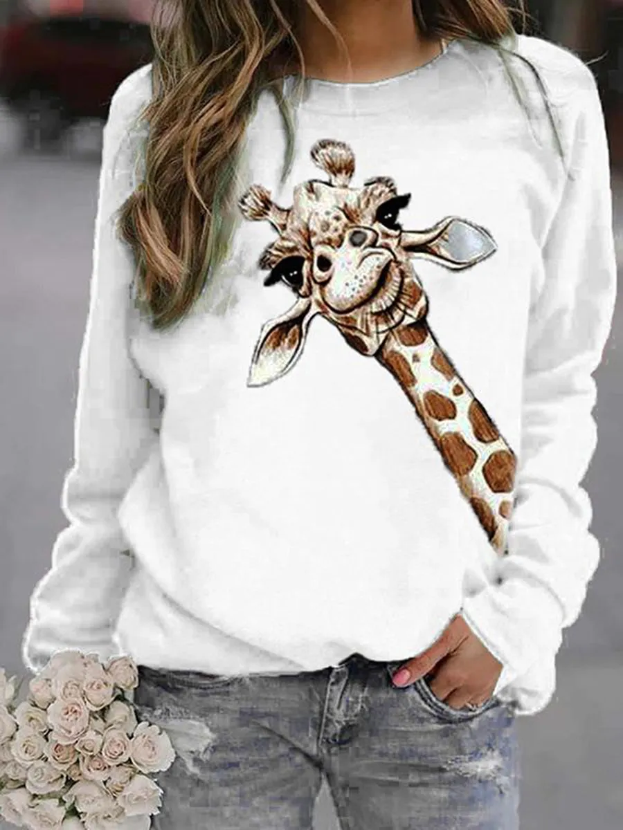 Casual Printed Crew Neck Pullover Tops