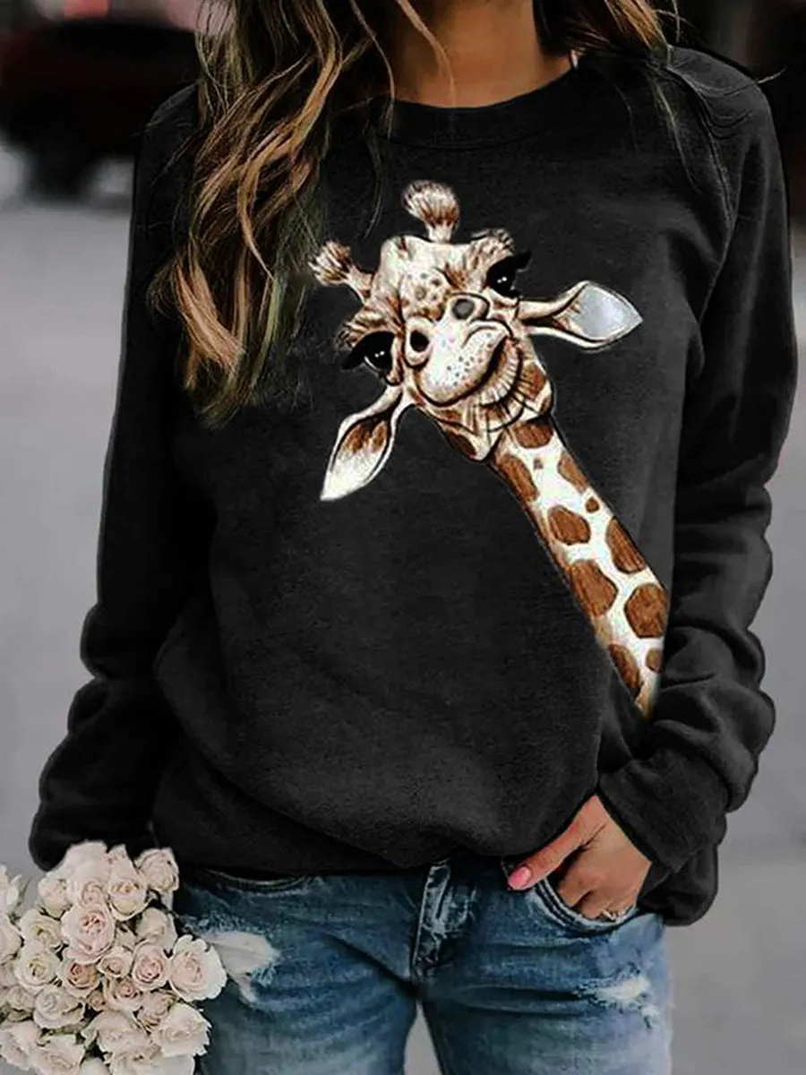 Casual Printed Crew Neck Pullover Tops