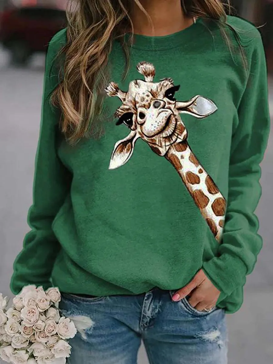 Casual Printed Crew Neck Pullover Tops