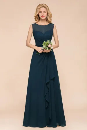 Chic Long A-line Bateau Chiffon Bridesmaid Dresses With Ruched