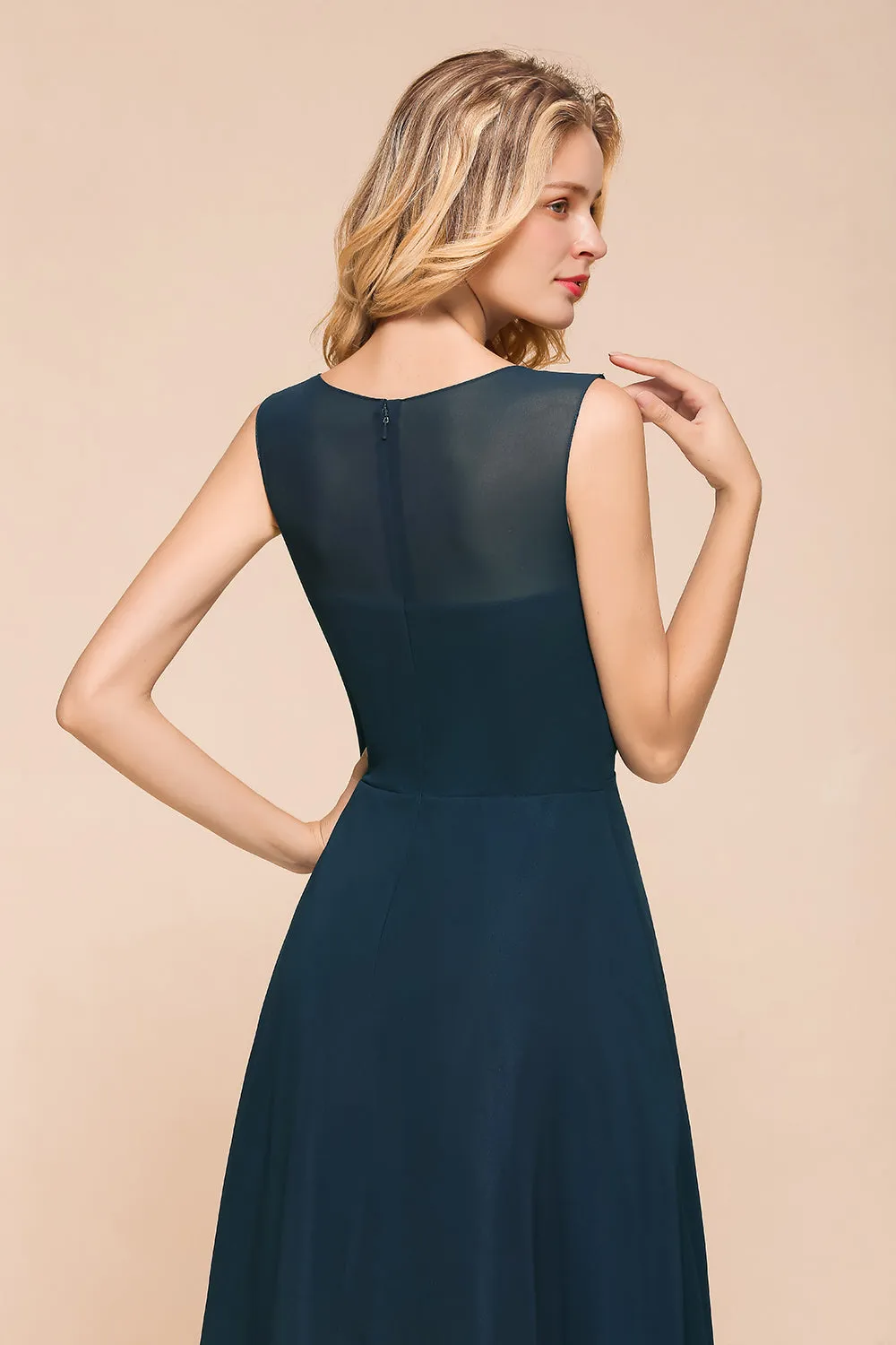 Chic Long A-line Bateau Chiffon Bridesmaid Dresses With Ruched