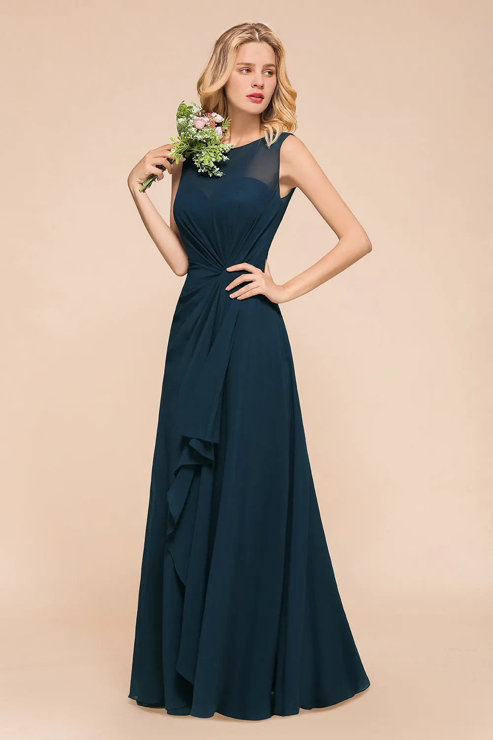 Chic Long A-line Bateau Chiffon Bridesmaid Dresses With Ruched