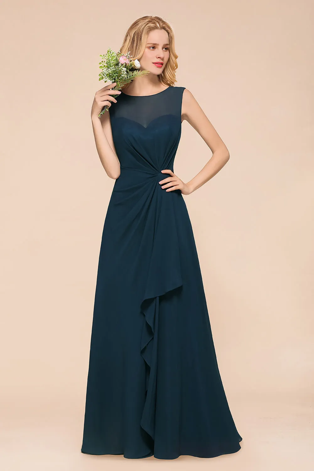 Chic Long A-line Bateau Chiffon Bridesmaid Dresses With Ruched