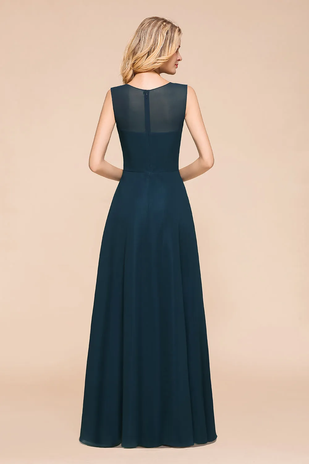 Chic Long A-line Bateau Chiffon Bridesmaid Dresses With Ruched