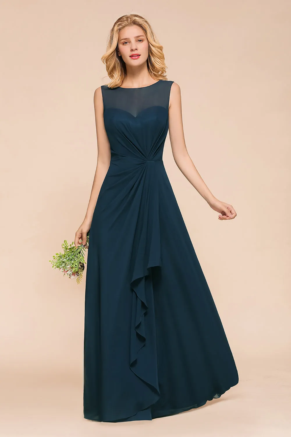 Chic Long A-line Bateau Chiffon Bridesmaid Dresses With Ruched