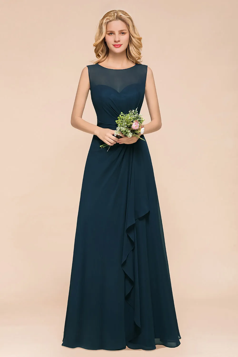 Chic Long A-line Bateau Chiffon Bridesmaid Dresses With Ruched