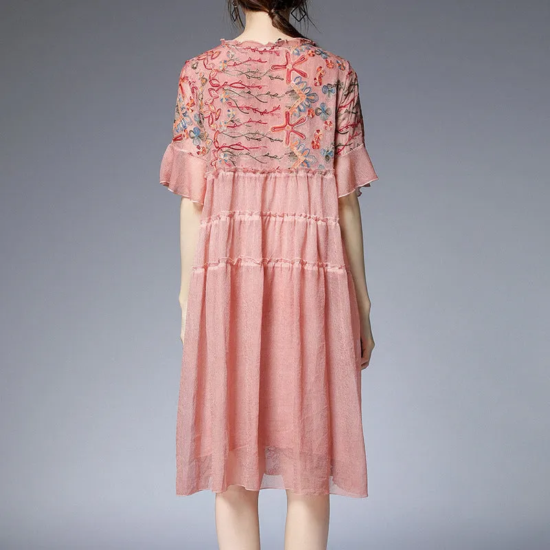 Chic Pink O-Neck Oversized Embroideried Silk Dresses Flare Sleeve LY0683