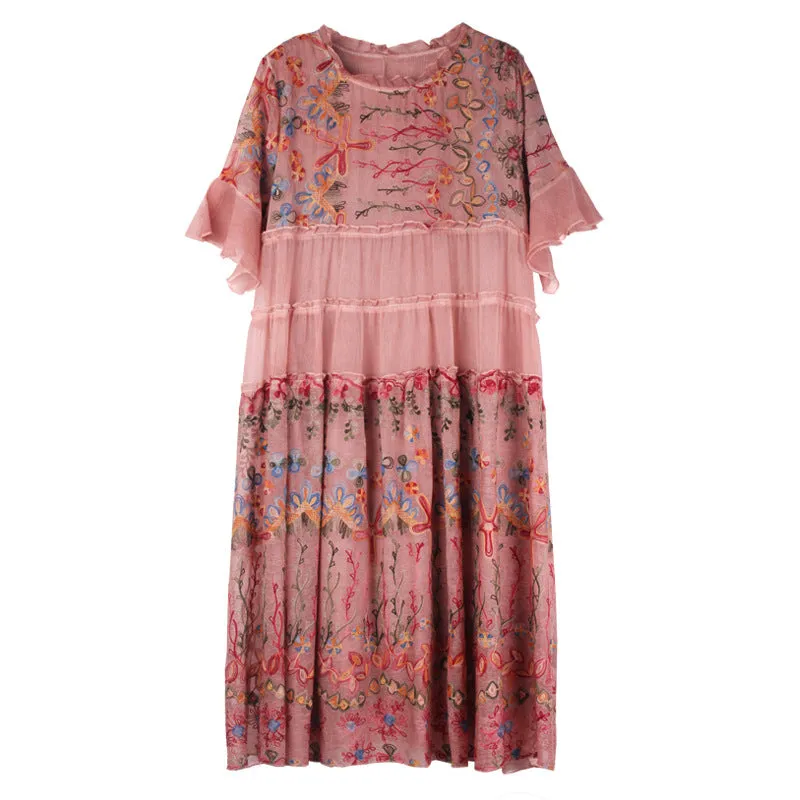 Chic Pink O-Neck Oversized Embroideried Silk Dresses Flare Sleeve LY0683
