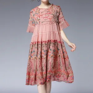Chic Pink O-Neck Oversized Embroideried Silk Dresses Flare Sleeve LY0683