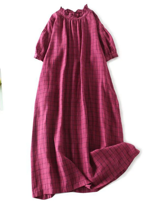 Chic Rose Plaid Ruffled Pockets Patchwork Linen Dresses Summer LY7240