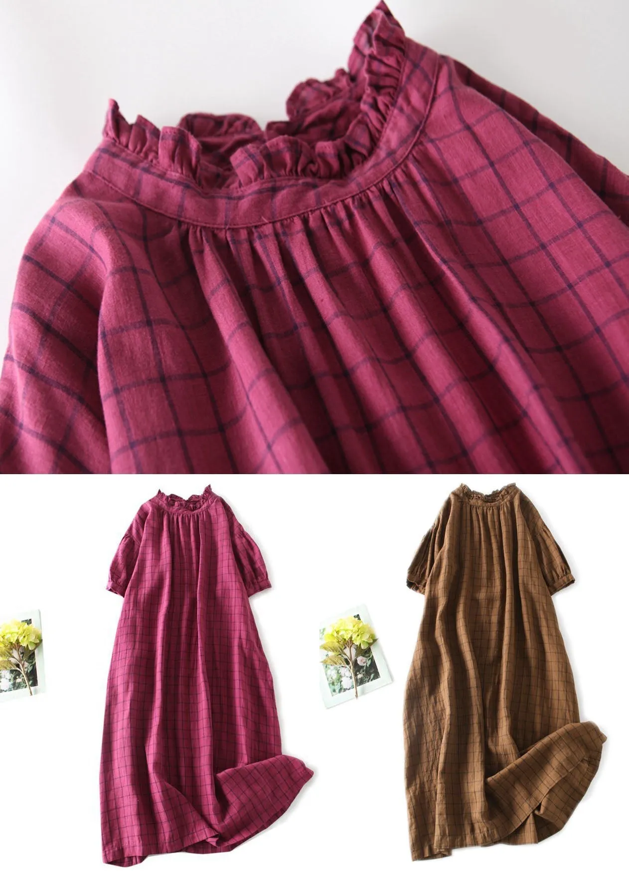 Chic Rose Plaid Ruffled Pockets Patchwork Linen Dresses Summer LY7240