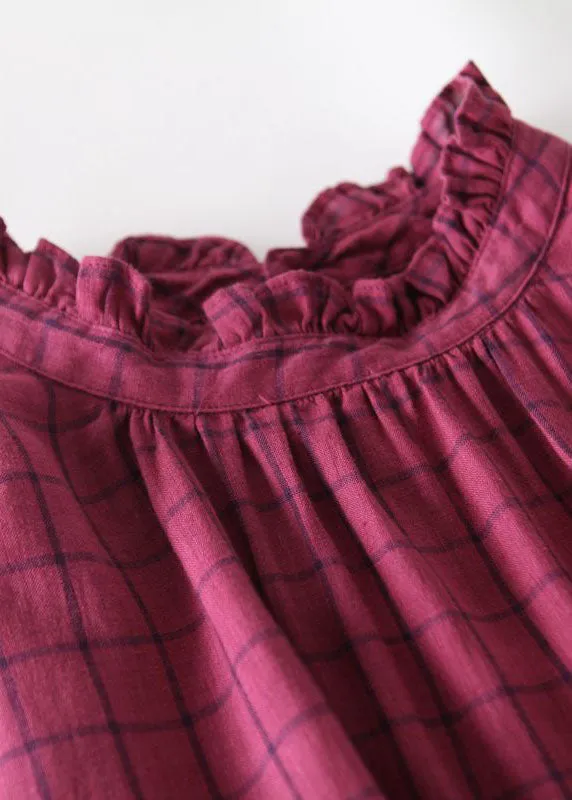 Chic Rose Plaid Ruffled Pockets Patchwork Linen Dresses Summer LY7240