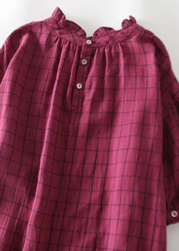 Chic Rose Plaid Ruffled Pockets Patchwork Linen Dresses Summer LY7240