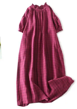 Chic Rose Plaid Ruffled Pockets Patchwork Linen Dresses Summer LY7240