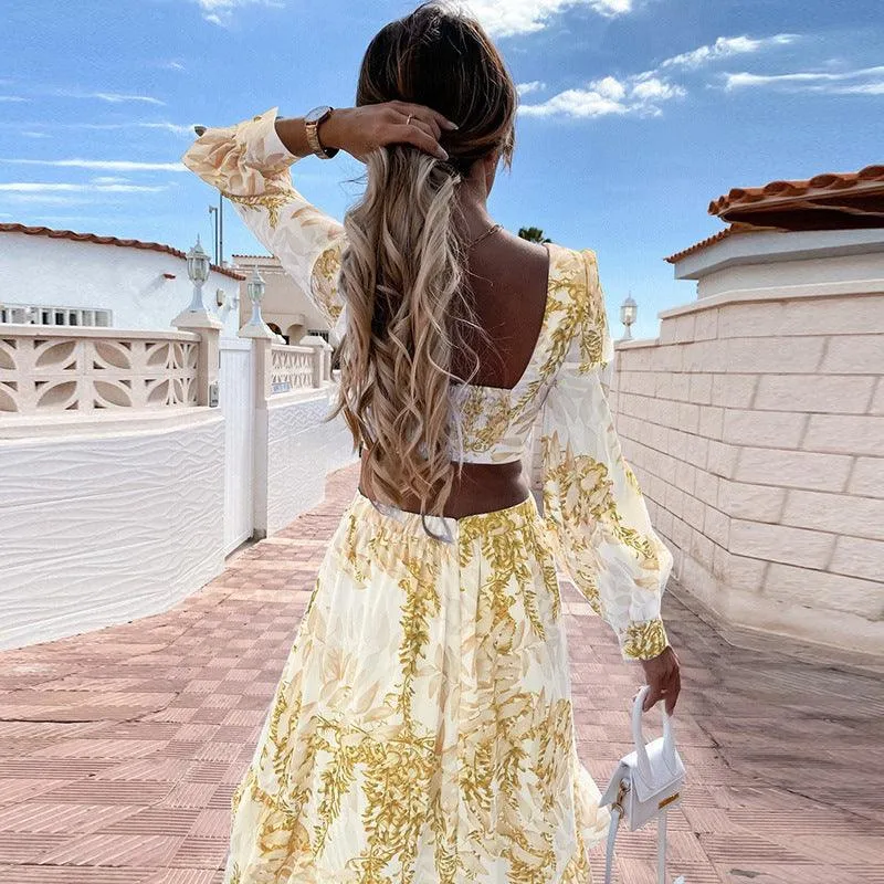 Chic V-Neck Long-Sleeve Dress with Festive Print