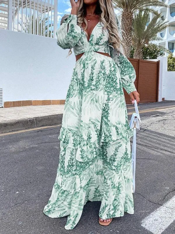 Chic V-Neck Long-Sleeve Dress with Festive Print