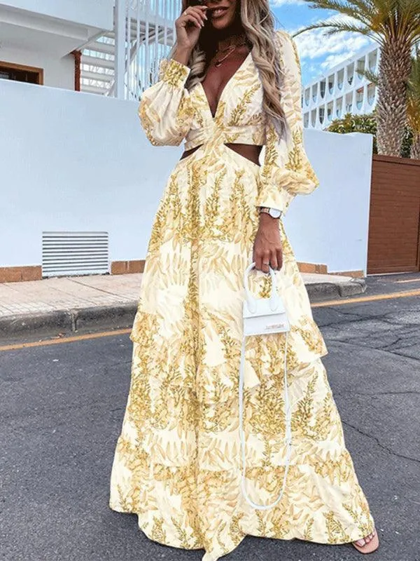 Chic V-Neck Long-Sleeve Dress with Festive Print