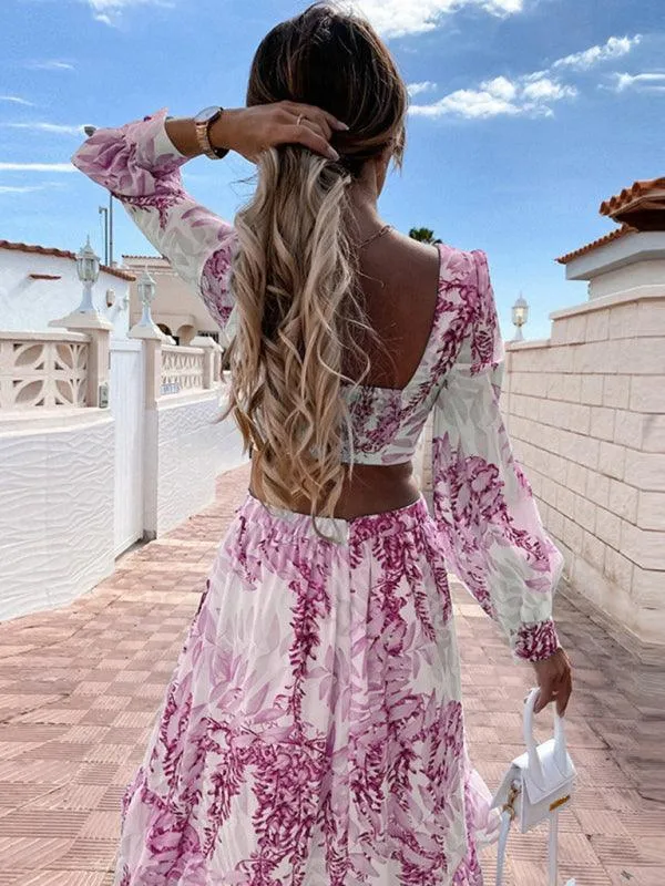 Chic V-Neck Long-Sleeve Dress with Festive Print