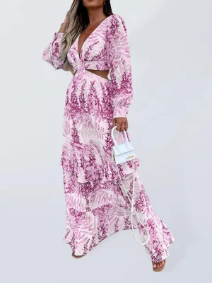Chic V-Neck Long-Sleeve Dress with Festive Print