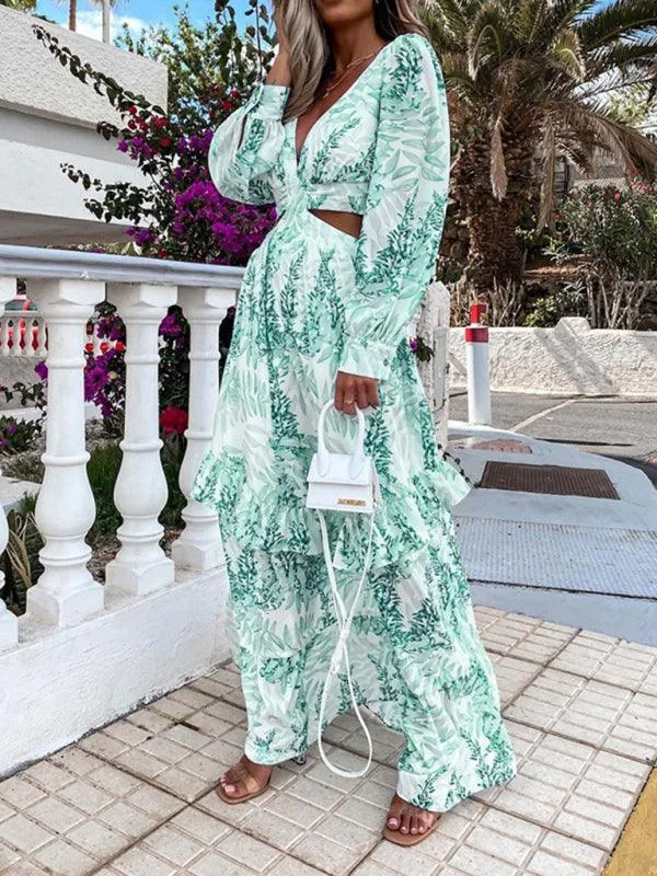 Chic V-Neck Long-Sleeve Dress with Festive Print