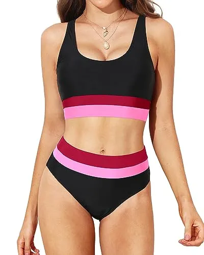 Color Block Athletic Crop Top & Tummy Control Bikini Set