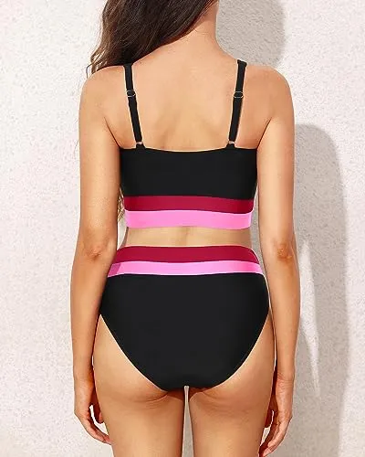 Color Block Athletic Crop Top & Tummy Control Bikini Set
