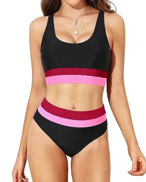 Color Block Athletic Crop Top & Tummy Control Bikini Set