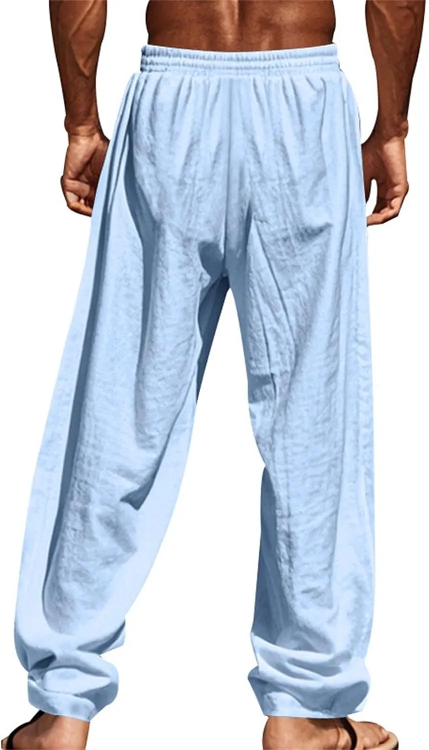 Cotton Linen Cargo Pants for Men America Flag Print Summer Casual Elastic Waist Pant with Pockets Boho Beach Trousers