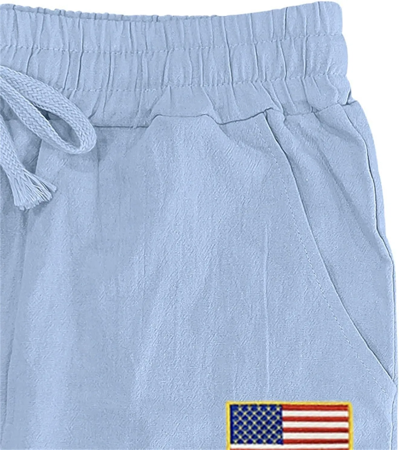 Cotton Linen Cargo Pants for Men America Flag Print Summer Casual Elastic Waist Pant with Pockets Boho Beach Trousers
